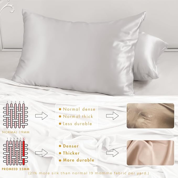 PROMEED 100% Mulberry Silk Pillowcase 2 Pack, Upgraded 3rd Generation Silk Pillow Case Set of 2 for Hair and Skin, Anti Acne, Anti Wrinkle (Standard 20"x26", Light Grey)