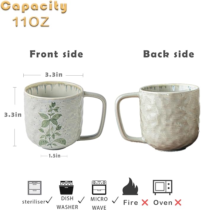 Ceramic Mugs for Men & Women, Unique Microwave & Dishwasher Safe Tea/Coffee Rustic Stoneware Cups for Office & Home (Green Leaf)