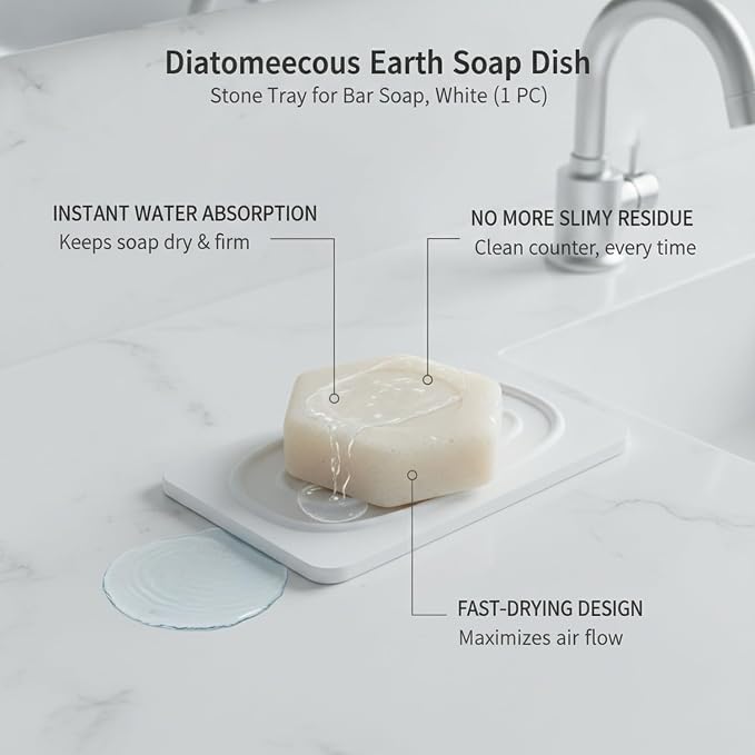 Diatomaceous Earth Stone Soap Dish, Bathroom Tray for Bar Soap, White