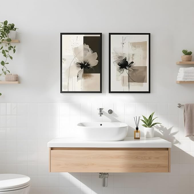 Minimalist Abstract Floral Wall Art Prints Set of 2 Neutral Beige Black Flower Canvas Painting Poster Trendy Botanical Picture for Gallery Modern Japandi Boho Home Decor 8x12inch Aluminum Framed