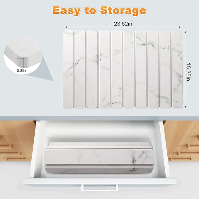 Large Stone Dish Drying Mat, Collapsible Stone Drying Mat for Kitchen Counter 24"(L)×16"(W) Absorbent Diatomaceous Earth Drying Mat, Quick Dish Drying Mats for Cups Dishes Bathroom Marble Pattern