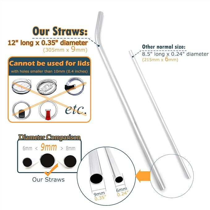 Big Drinking Straws Reusable 12 Inches Extra Long 9mm Extra Wide SUS 304 Food-Grade 18/8 Stainless Steel - Set of 4 with 2 Cleaning Brushes - Bent
