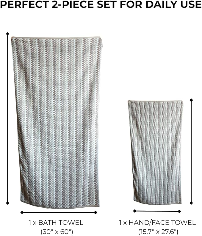 Premium Luxury Waffle Weave Cotton Towel Set - 160g Hand Towel & 650g Oversized Bath Towel (30"x60") - Ultra Absorbent, Quick-Dry, Soft Textured Jacquard (Sandalwood)