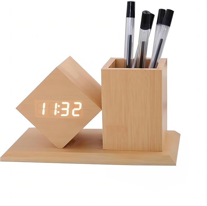 Digital Alarm Clock LED with Temperature Calendar Display 3 Level Brightness Adjustment Sound Activated Multifunctional Home Office Pencil Holder Desk Organizers
