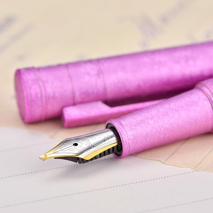 Hongdian 1851 Forest Fountain Pen Pink Ice Flowers, Blade Nib Classic Design Calligraphy Pen with Converter and Metal Pen Case