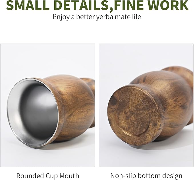 8.4oz Classic Argentina Yerba Mate Cup and Bombilla Set, Includes Stainless Steel Mate Gourd, 2pcs Bombilla Straws and Clean Brush (Wood Grain)