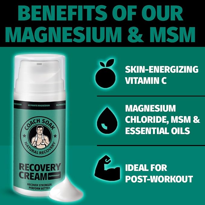 Coach Soak Magnesium Lotion with MSM & Menthol, Cooling Menthol 3.4 oz | Magnesium Chloride Non-Greasy Alternative to Epsom Salt Lotion and Cream - Apply Before Sleep for Feet, Leg Cramps & Body