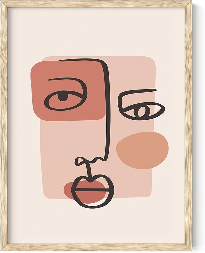 Abstract Face Wall Art Continuous Line Drawing Organic Shapes Earth Tones Terracotta Mid Century Modern 12x16 Inch Oak Wood Beige Framed Minimalist Portrait for Bedroom Decor