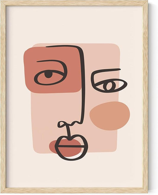Abstract Face Wall Art Continuous Line Drawing Organic Shapes Earth Tones Terracotta Mid Century Modern 12x16 Inch Oak Wood Beige Framed Minimalist Portrait for Bedroom Decor