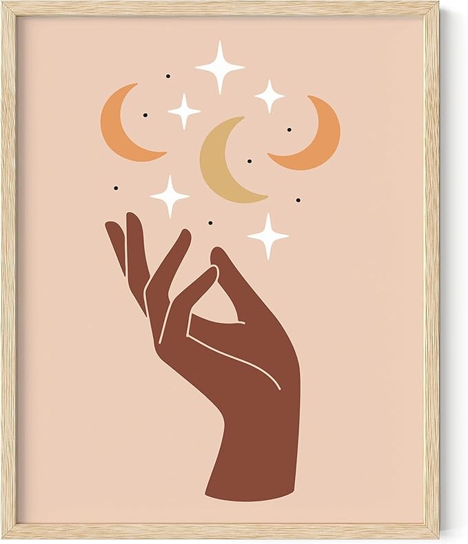 Mystical Hand Wall Art Celestial Moon and Stars Print Earth Tones Terracotta Mid Century Modern 8x10 Inch Oak Wood Beige Framed Spiritual Decor for Bedroom