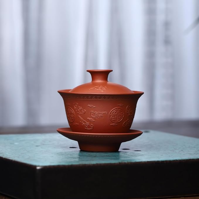 Yixing Clay Zisha Gaiwan 5 Oz/150ml,Chinese Kungfu Tea Bowl Cup,Blooming and Loose Leaf Tea Cup Set -Red Clay