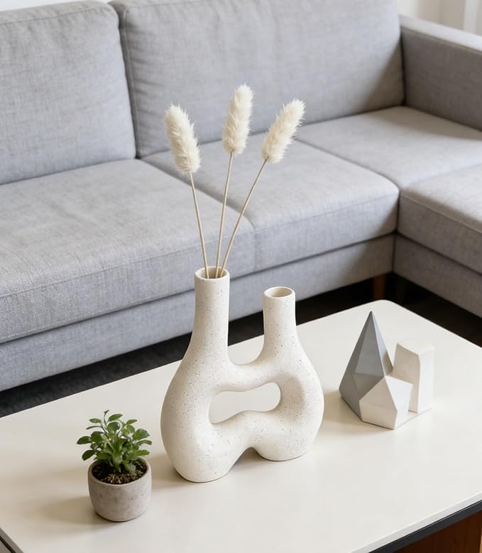 Modern Double Neck Hollow Vase, Minimalist Nordic Resin Sculpture for Home Decor, Boho Wabi-Sabi Vase for Living Room Bedroom Office Table Centerpiece (Ivory)