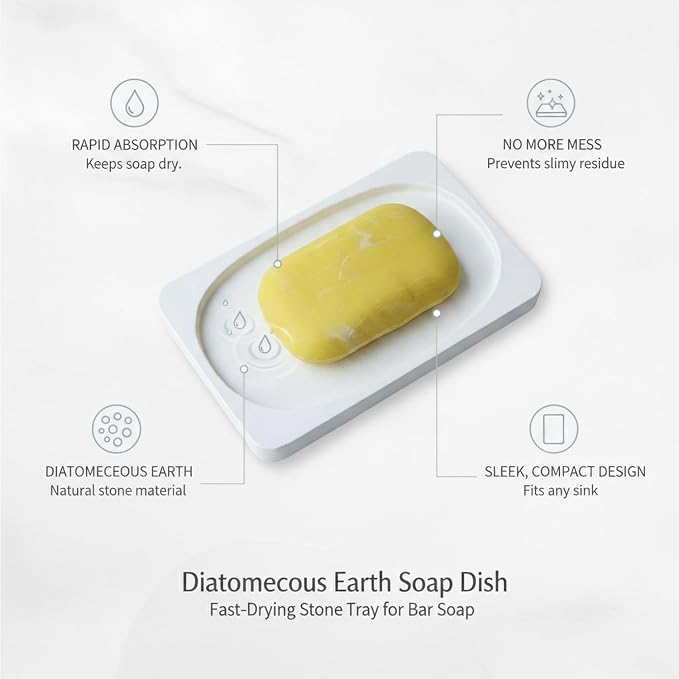 Diatomaceous Earth Stone Soap Dish, Bathroom Tray for Bar Soap, White