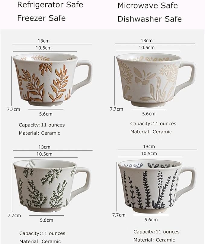 4 Pack 12oz Embossed Leaf Ceramic Coffee Mugs, Vintage Speckled Stoneware Tea Cups, Rustic Brown Spring Leaf Large Drinking Mugs, Microwave & Dishwasher Safe, Farmhouse Kitchen Decor, Gift Set