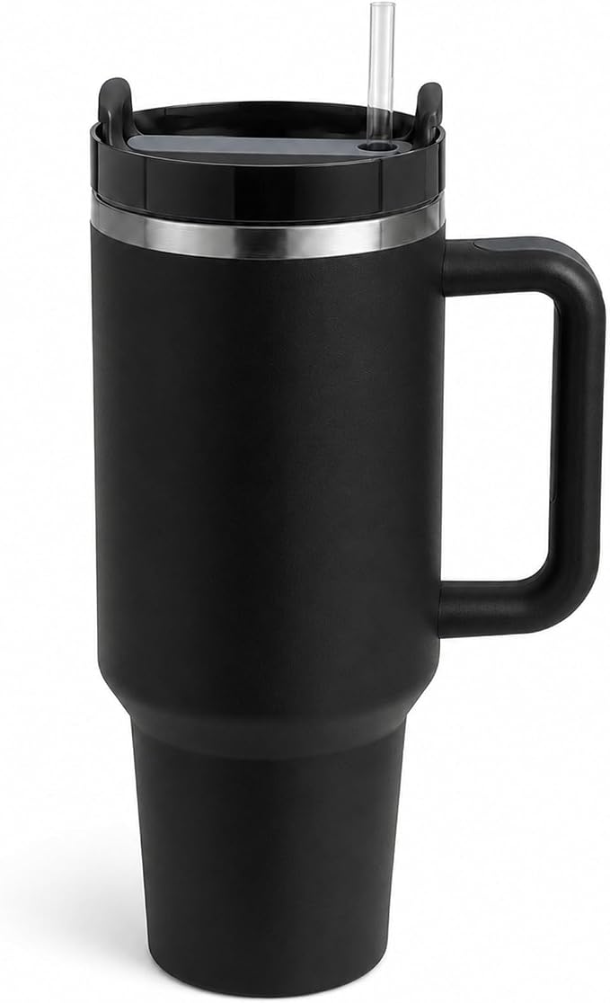 Pandance 40 oz Tumbler with Handle, Tumbler with Lid and Straw(Black) | Stainless Steel Vacuum Insulated Travel Mug, Sturdy Screw-on lid, Cup Holder Friendly, Large Capacity Cup For Iced Coffee