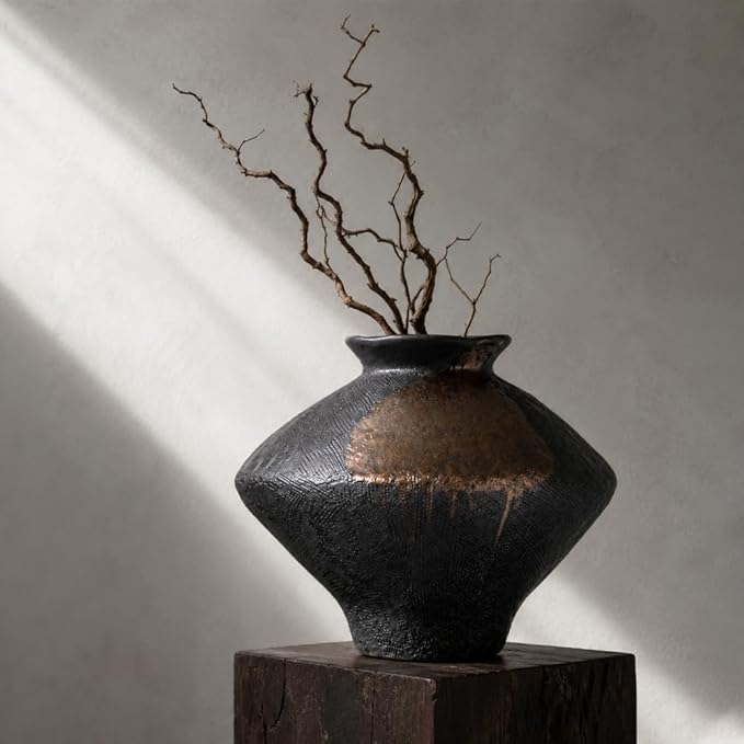 Black Wabi Sabi Vase, Large Rustic Ceramic Vase for Home Decor, Textured Black Pottery-Inspired Statement Vase for Dining Table Console Coffee Table Curated Modern Decor