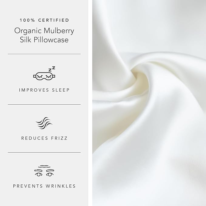 Fishers Finery 25mm 100% Certified Organic Mulberry Silk Pillowcase (Natural Undyed White, Q, 2PK)