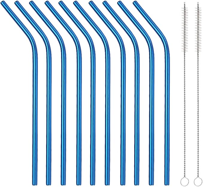 10 Pcs Stainless Steel Straws, Reusable Drinking Straws, Bent Metal Straw Sets with 2 Pcs Cleaning Brushes (Blue, 8.5 Inch)