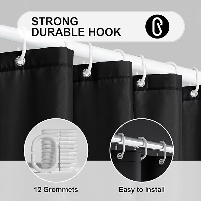 timecity Black Shower Curtain Liner Plastic Bath Curtain with 3 Magnets Thickened Water Proof Quick Drying Shower Curtain Set with 12 White Hooks Shower Liner for Bathroom Shower,71x71inch