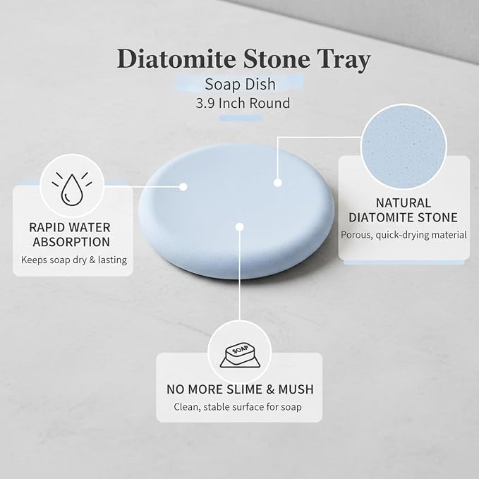 Round Diatomite Soap Dish, 3.9 Inch Natural Stone Bar Soap Holder for Bathroom Sink, Vanity, or Shower Ledge