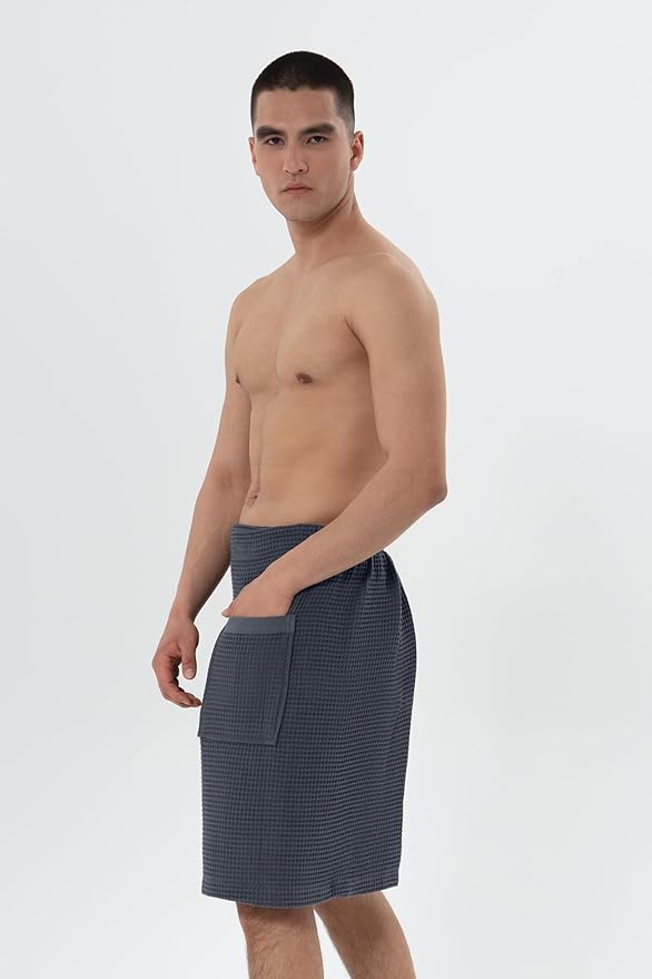 SEYANTE Men's Organic Waffle Spa Wrap – GOTS Certified 100% Turkish Cotton, Adjustable Closure, Same-Color Piping