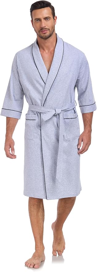 COLORFULLEAF 100% Cotton Men’s Summer Bathrobe Lightweight & Breathable Short Sleeve Kimono Robe with Pockets