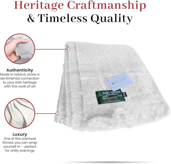 Biddy Murphy Ultra Soft Irish Mohair & Wool Throw Blanket, Made in Ireland, 54"x72", White