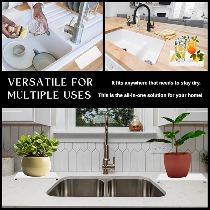 2PCS Fast-Drying Diatomite Sink Tray, Ultra-Absorbent Soap Holder for Bathroom Kitchen Countertop, Non-Slip Stone Coaster with Grooved Design & Anti-Slip Foot Pads, 8.3" x 4" x 0.4", White