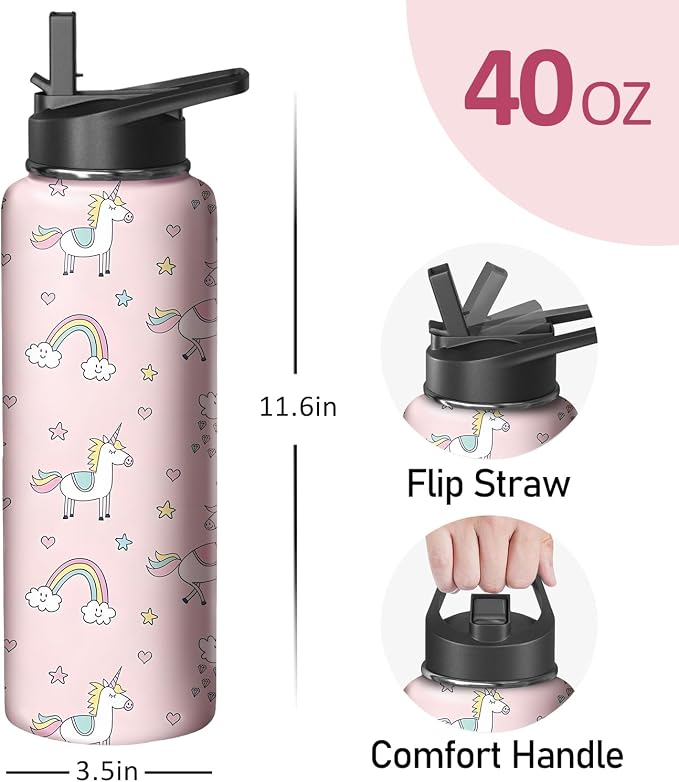 40oz Pink Unicorn Water Bottle with Handle and Flip Straw, Animal Sports Stainless Steel Insulated Cup Travel Coffee Mug Tumbler, Birthday Mothers Day Chritmas Gifts for Women