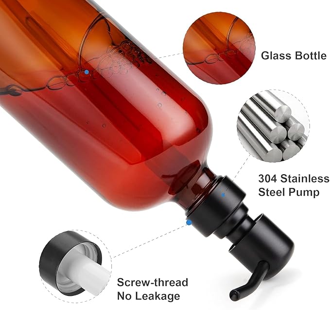 2 Pack Amber Glass Soap Dispenser，Dish Soap Dispenser Set, Modern Vintage Liquid Brown Soap Dispensers Bottle