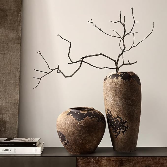 Wabi Sabi Pottery Vase, Brown Ceramic Vase for Home Decor - Handmade Rustic Farmhouse Centerpiece with Organic Texture, Neutral Table & Shelf Decor Vase (Small)