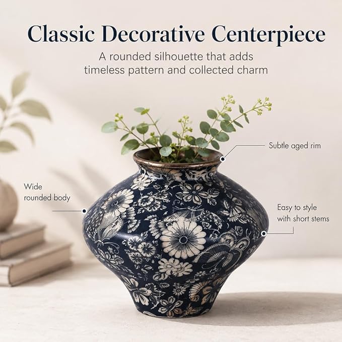 Small Wabi Sabi Blue and White Vintage Ceramic Vase, 6.7" Rustic Pottery Vase for Centerpieces, Chinoiserie Decorative Flower Vases for Table, Living Room, Bathroom, Kitchen, Farmhouse Home Decor Gift