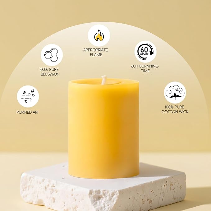 3 Pack Beeswax Candles - 3x4inchs Emergency Candles, Beeswax Pillar Candles 180 Hours Long Burning 100% Pure Natural for Emergency, Dripless & Smokeless Bees Wax Candle for Home & for Relax(3x4in)