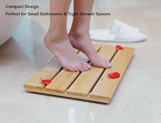 Small Bamboo Bath Mat – Mini Wooden Shower Floor Mat for Compact Bathroom, RV or Tight Spaces, Non-Slip, Quick Dry, Easy to Clean, Indoor Outdoor Use, 15.8" x 10.2" by PELYN