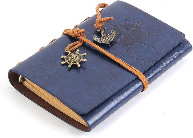 EvZ Dark Blue Leather Journal - 5" Refillable Vintage Nautical Notebook with Anchor & Rudder Pendants - Small Spiral Blank Sketchbook for Travel, Business & Journaling - Classic Embossed Navy Diary