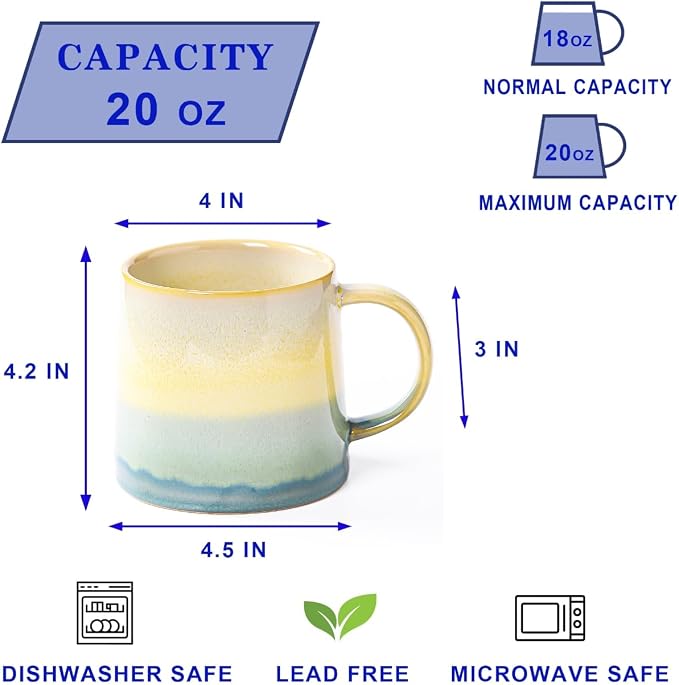 Large Ceramic Coffee Mugs, 20 oz Handmade Pottery Mug, Big Tea Cups with Handle for Office and Home, Dishwasher and Microwave Safe (Grayish Blue)
