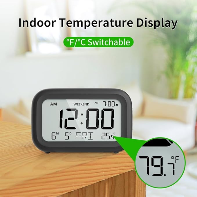 DOOMAY Digital Alarm Clock Bedside - Battery Powered Clock with LCD Display Volume Adjustable Snooze and Weekend Mode for Bedroom Office Desk Travel - Black