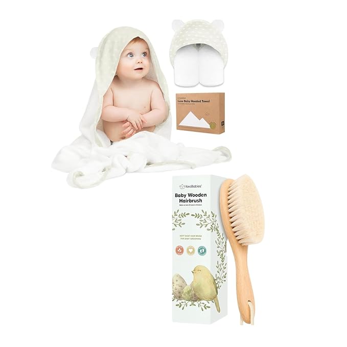 KeaBabies Baby Hooded Towel and Baby Hair Brush - Soft Bath Towels with Hood for Kids and Infant, Wooden Hairbrush with Soft Goat Bristles for Cradle Caps