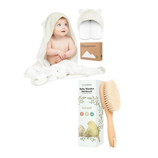 KeaBabies Baby Hooded Towel and Baby Hair Brush - Soft Bath Towels with Hood for Kids and Infant, Wooden Hairbrush with Soft Goat Bristles for Cradle Caps