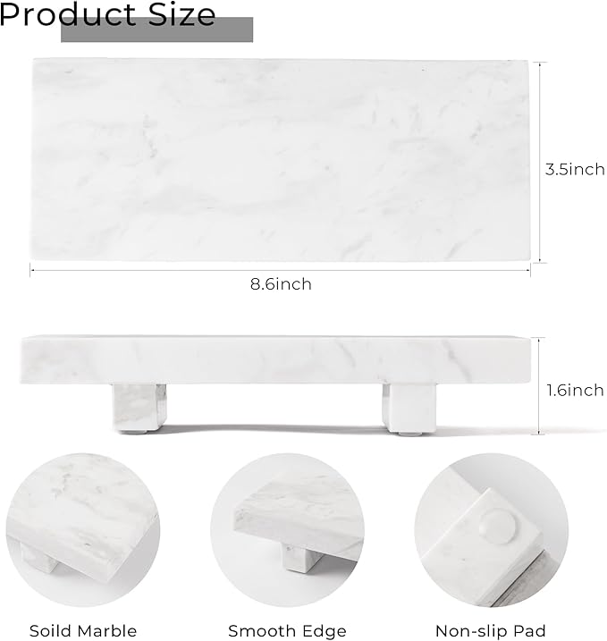 Marble Soap Tray for Bathroom Kitchen Countertop 8.6" x 3.6" Waterproof Soap Dish Holder, Stone Pedestal Stand for Sink, Vanity, Counter Luxury Decorative Tray Farmhouse Decor White (WH088)