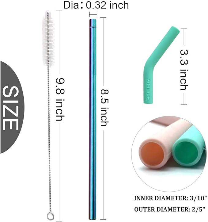 Senneny Set of 5 Stainless Steel Straws with Silicone Flex Tips Elbows Cover, 2 Cleaning Brushes and 1 Portable Bag Included (Colorful)- 8mm diameter