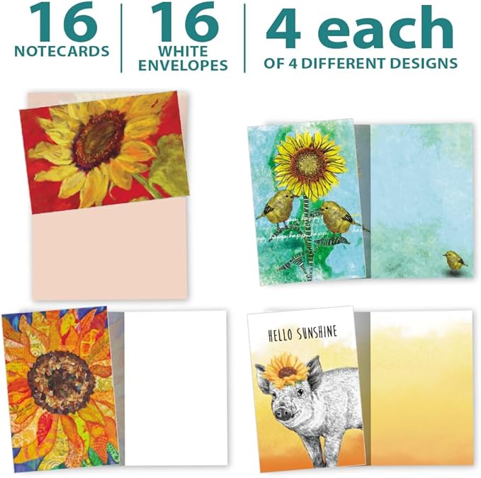 Tree-Free Greetings - All Occasion Cards - Artful Designs - 16 Assorted Cards + White Envelopes - Made in USA - 100% Recycled Paper - 4 x 6 - Sunflowers (FP54173)