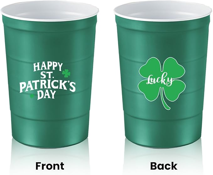 Steel Chill Cups 16 oz. Party Cups 'St. Patrick's Day' Clover Design for Cold Drinks, Durable, Disposable, Recyclable, Made in USA, Green, 12 Count