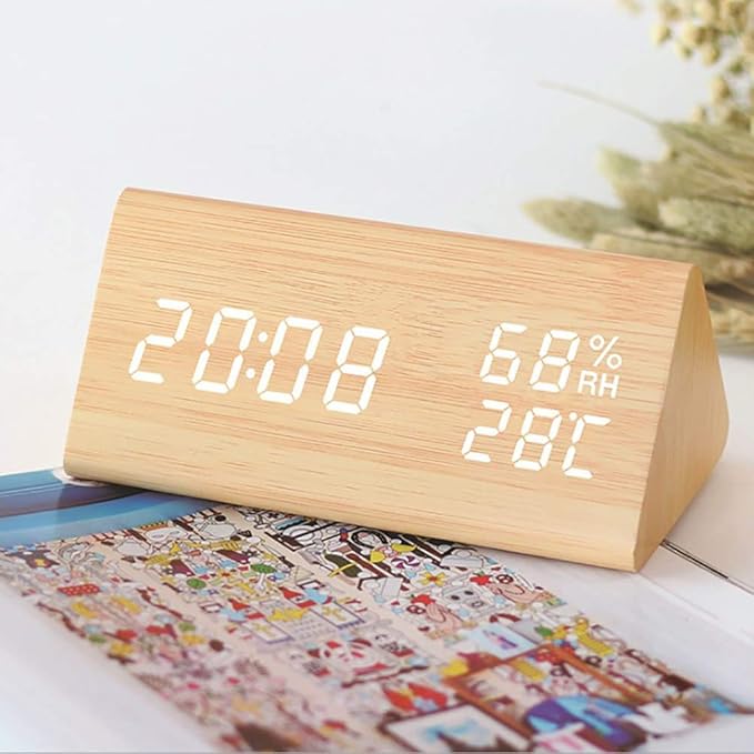 TOPINCN Digital Alarm Clock, Wooden Alarm Clock with Electronic LED Time Display, Humidity & Temperature Detect 3 Alarm Settings 3 Level Brightness Electric Clock for Bedroom