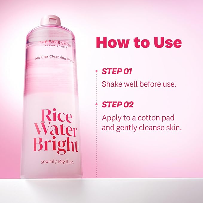 The Face Shop Rice Water Bright Micellar Water, Hydrating Face Cleanser and Makeup Remover, with Rice Active Complex™, Gentle for Sensitive Skin, 16.9 fl. oz