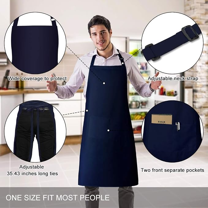 Jubatus 2 Pack 100% Cotton Aprons with 2 Pockets Cooking Chef Kitchen Adjustable Bib Apron for Women Men, Navy Blue