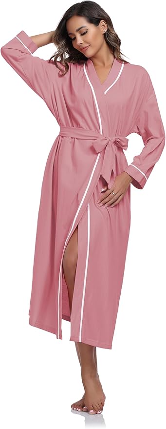 COLORFULLEAF 100% Cotton Women's Robes Summer Lightweight Kimono Soft Long Cotton Bathrobe for Women with Pockets