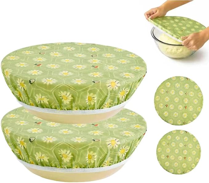 Reusable Bowl Covers Elastic, Beeswax Food Wraps for Sourdough Bread (Green) | Shower Caps for Sourdough Bread Proofing, Washable Sustainable Cloth Covers for Kitchen Mixing Bowls, 2-Pack