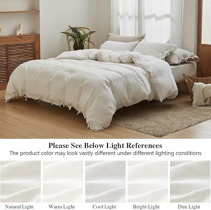 Simple&Opulence 100% Linen Duvet Cover Set 3pcs with Bowknot Ties Closure Natural French Washed Flax Solid Color Soft Breathable Farmhouse Bedding - White, Queen Size