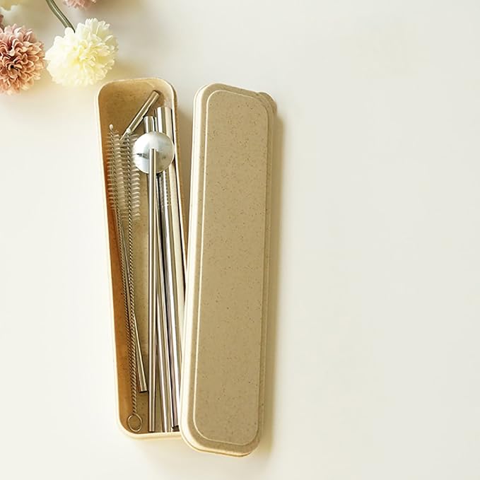 Stainless Steel Straws Spoon Drinking Straws Reusable Set of 6 Bent and Straight Cleaning Brush Included